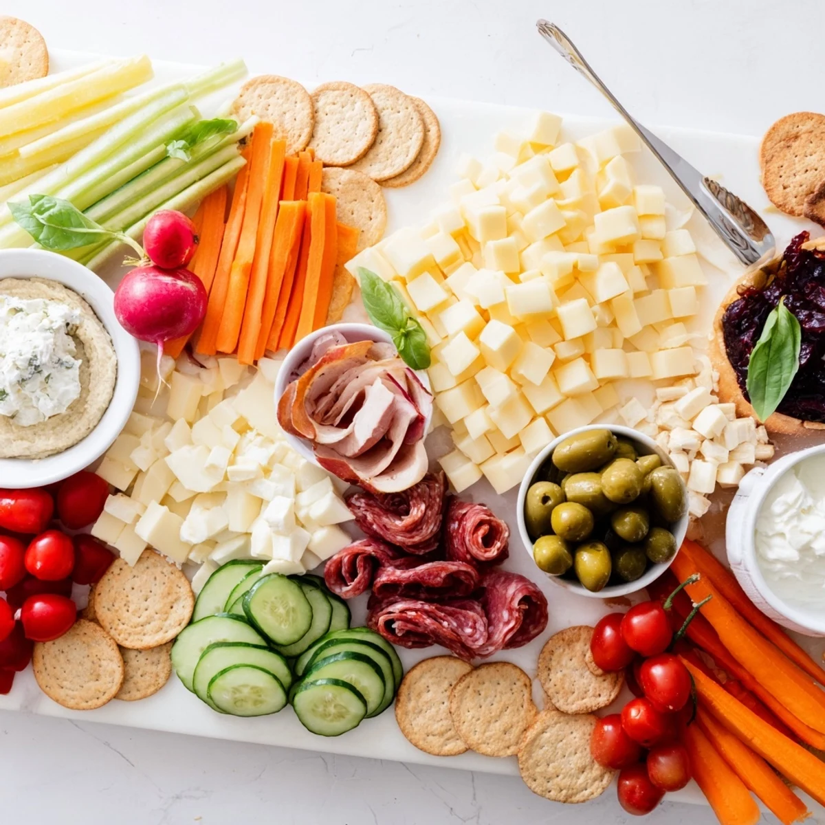 Vibrant Girl Dinner Platter displaying a mix of cheeses, fruits, and tasty dips.