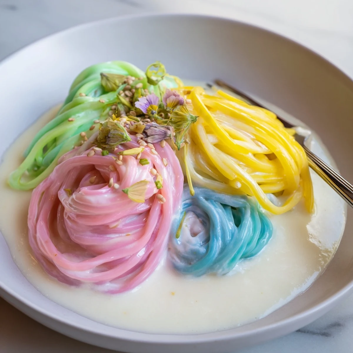 Whimsical Neon Noodle Cloud with vibrant colors in creamy sauce, perfect for parties.  