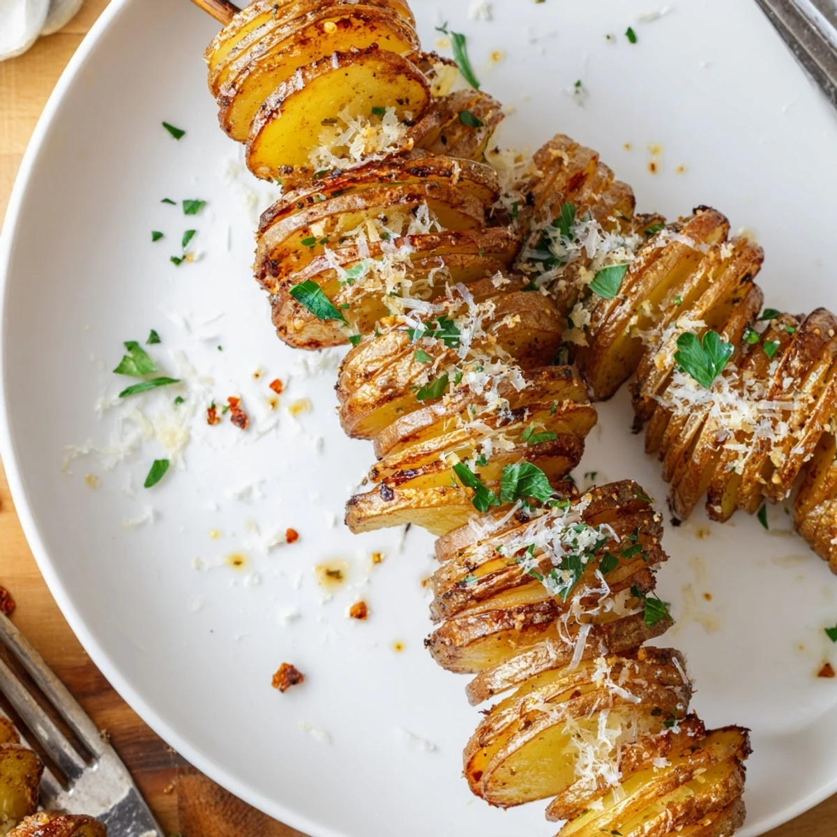 Crispy air-fryer tornado potatoes on skewers, drizzled with savory olive oil seasoning.  