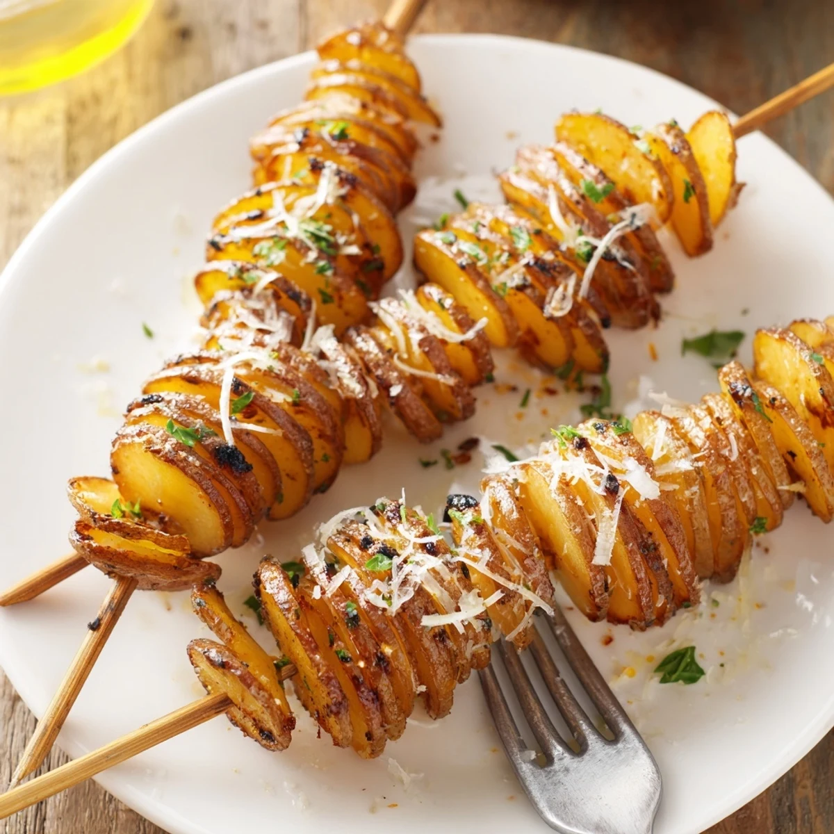 Golden, spiral-cut air-fryer tornado potatoes topped with fresh parsley and Parmesan.  