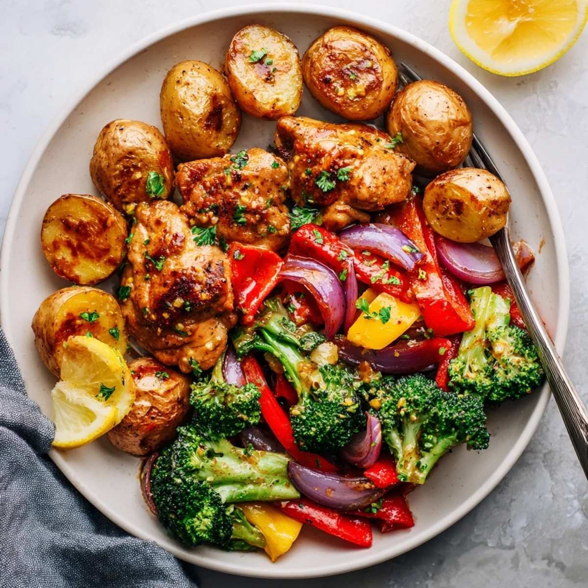 Tender Lazy Gourmet Chicken & Vegetable One-Pot served with fresh parsley and lemon.  