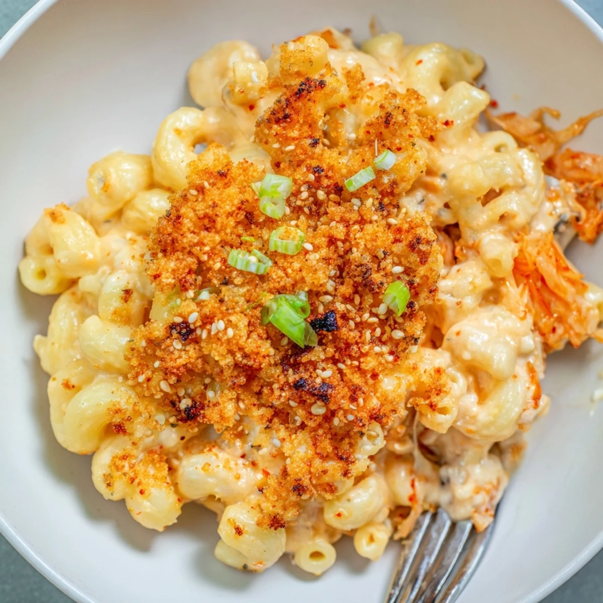 Deliciously bold Spicy Kimchi Mac & Cheese served hot and bubbling from the oven.