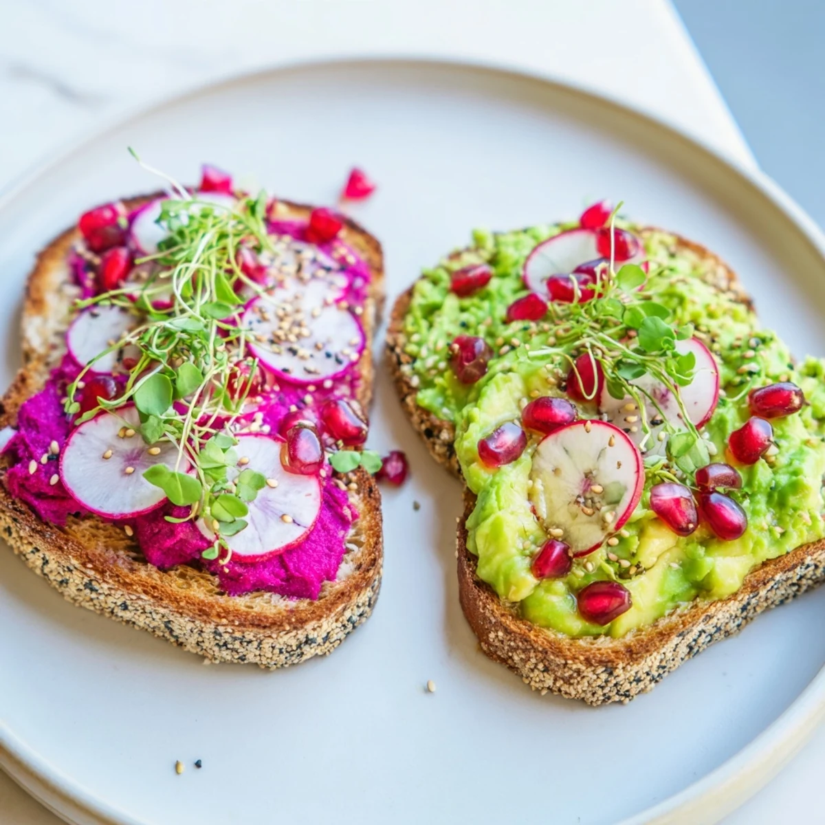 Vibrant breakfast toasts topped with ube spread, avocado, and fresh garnishes.  