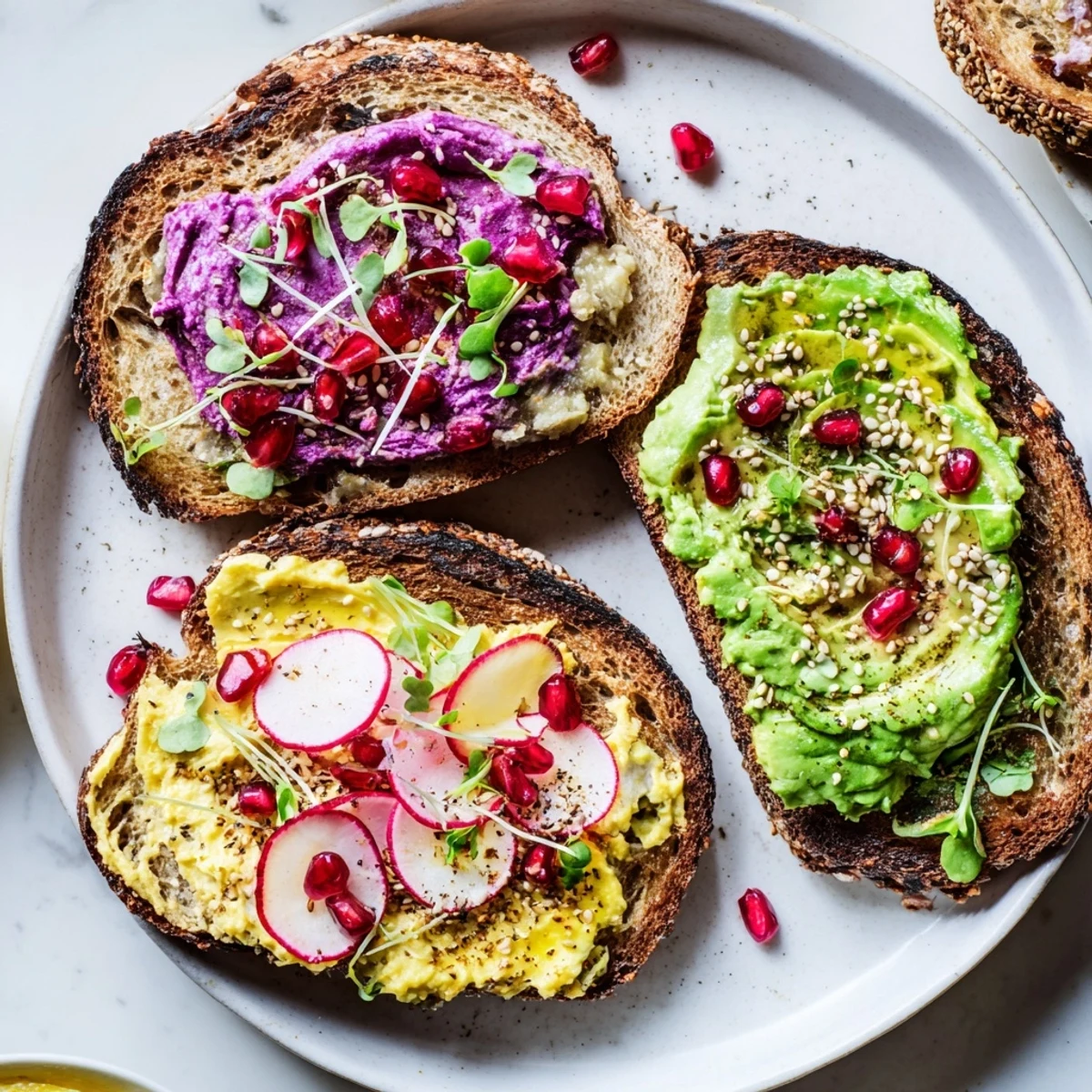 Colorful breakfast toasts featuring creamy ube halaya and ripe avocado layers.  