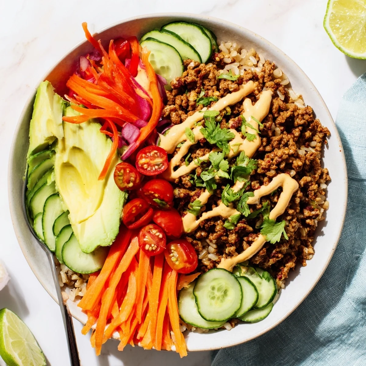A vibrant plant-based meat bowl topped with fresh vegetables and zesty lime.  