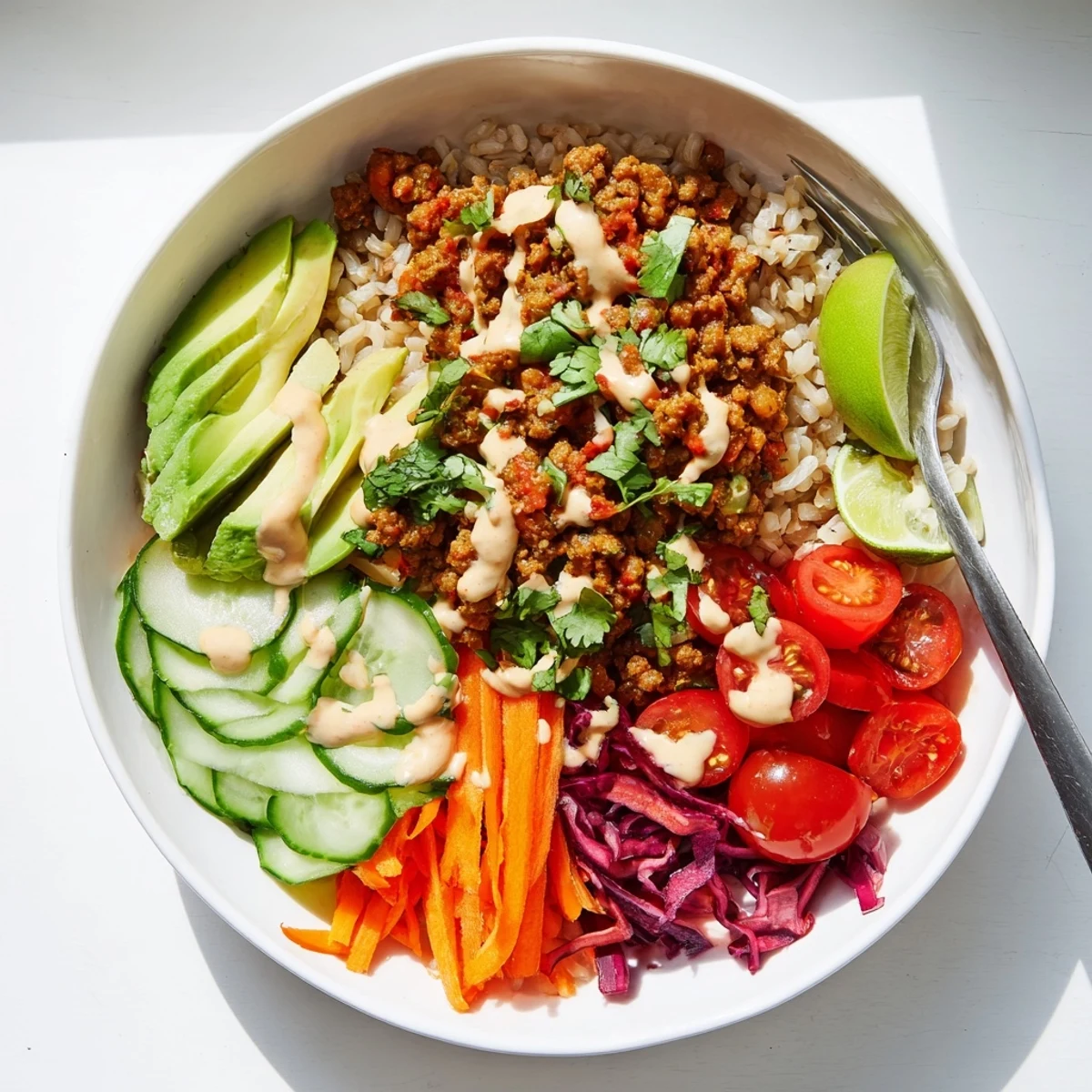Delicious plant-based meat bowl with quinoa, avocado, and fresh cilantro garnish.