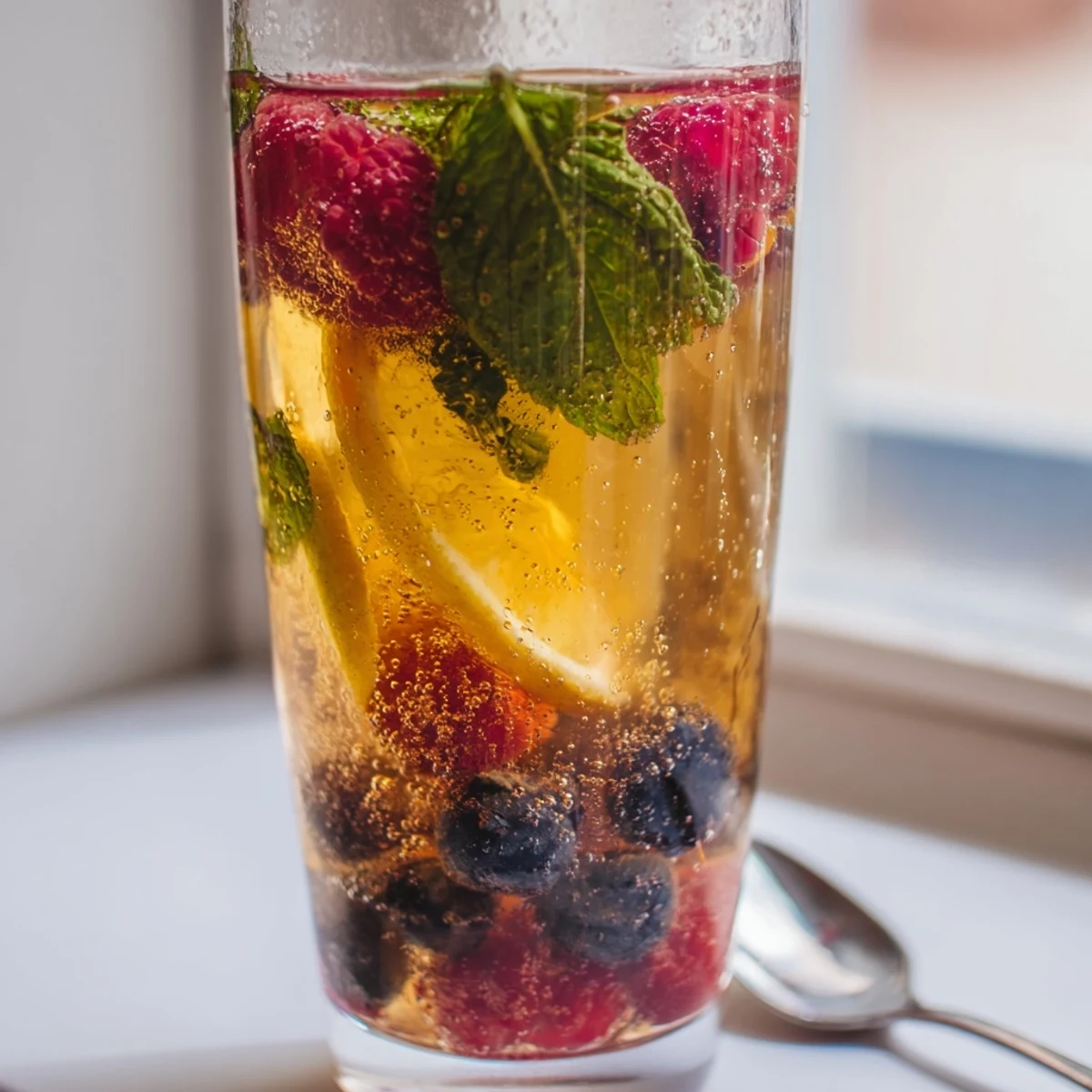 Refreshing Kombucha-style home-brew mocktails filled with vibrant fruits and herbs.  