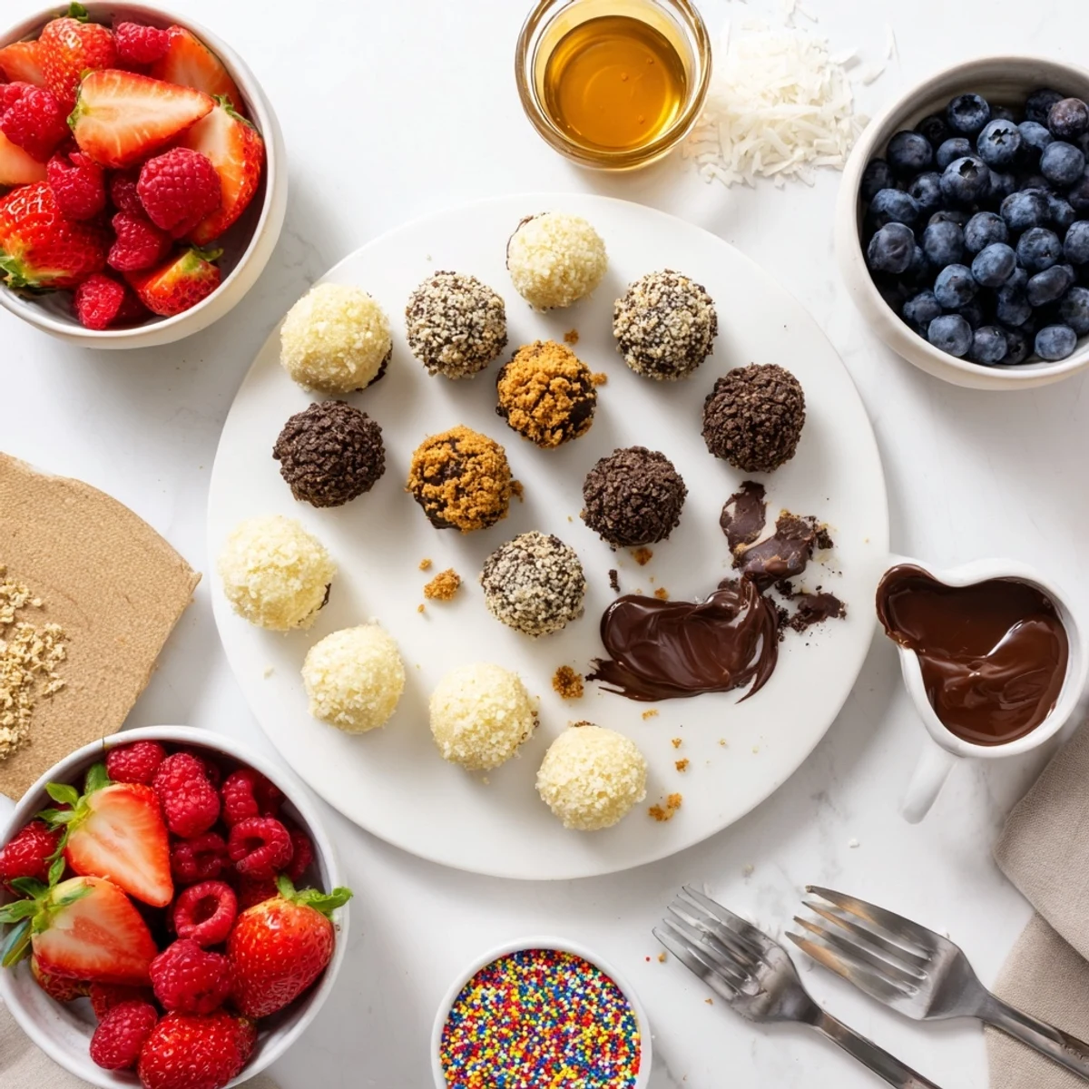 A vibrant deconstructed dessert board featuring cheesecake bites and colorful toppings for customization.  