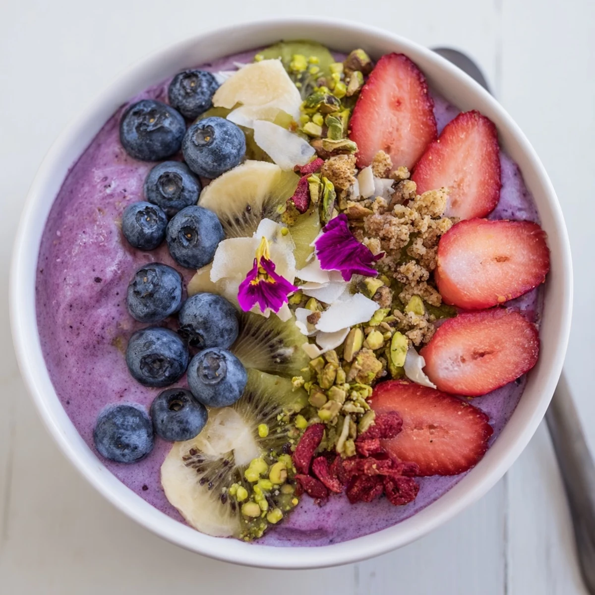 Vibrant smoothie bowls with unique purple yam and pistachio toppings for a delicious breakfast.  