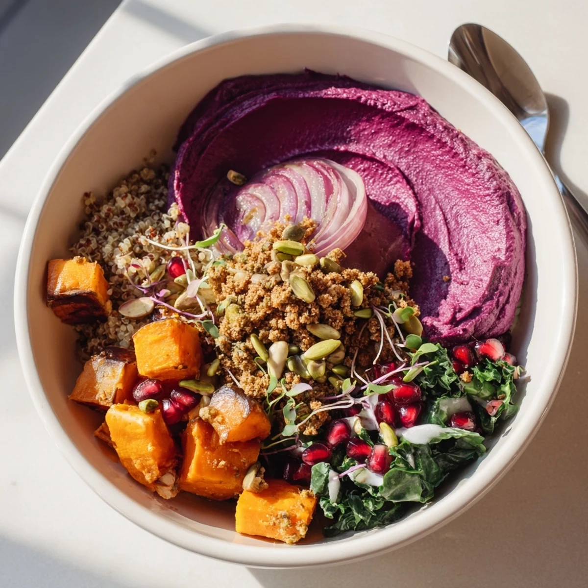 Warm and inviting spiced winter bowls filled with roasted vegetables and ube-coconut purée.  