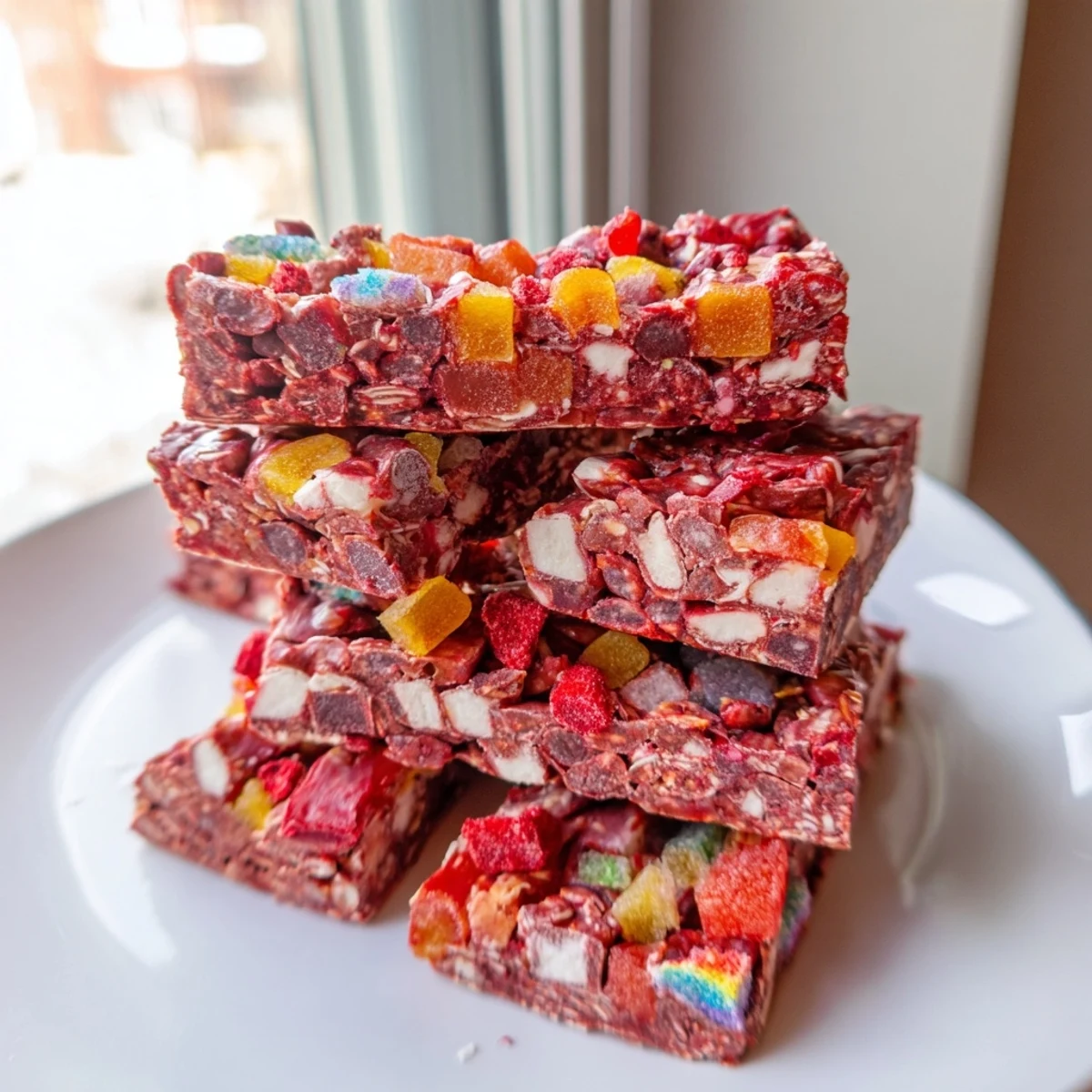 Colorful DIY snack bars topped with chewy homemade gummies and vibrant freeze-dried candy.  