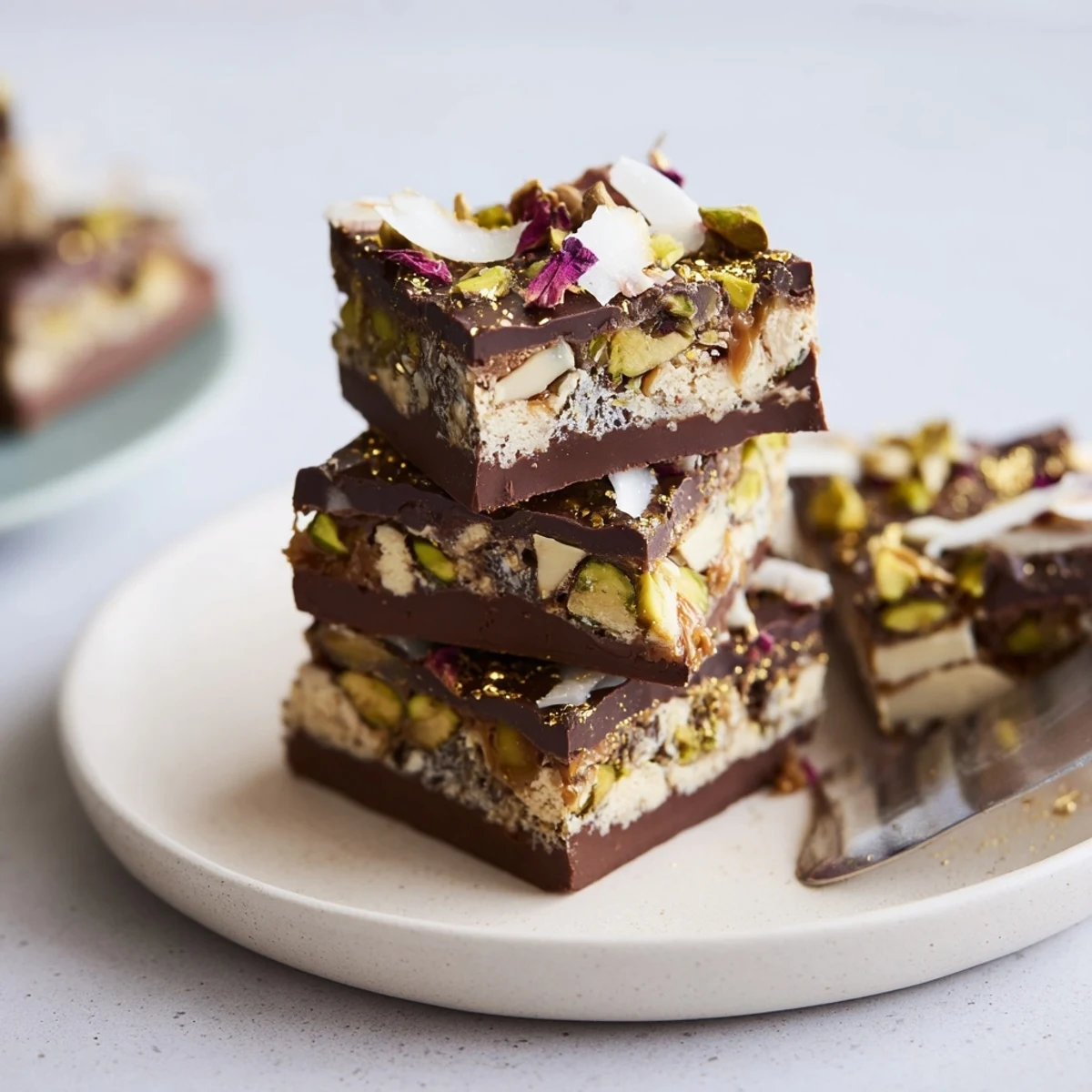 Beautifully garnished Chocolate Bar Inspired dessert with edible gold leaf and rose petals.  