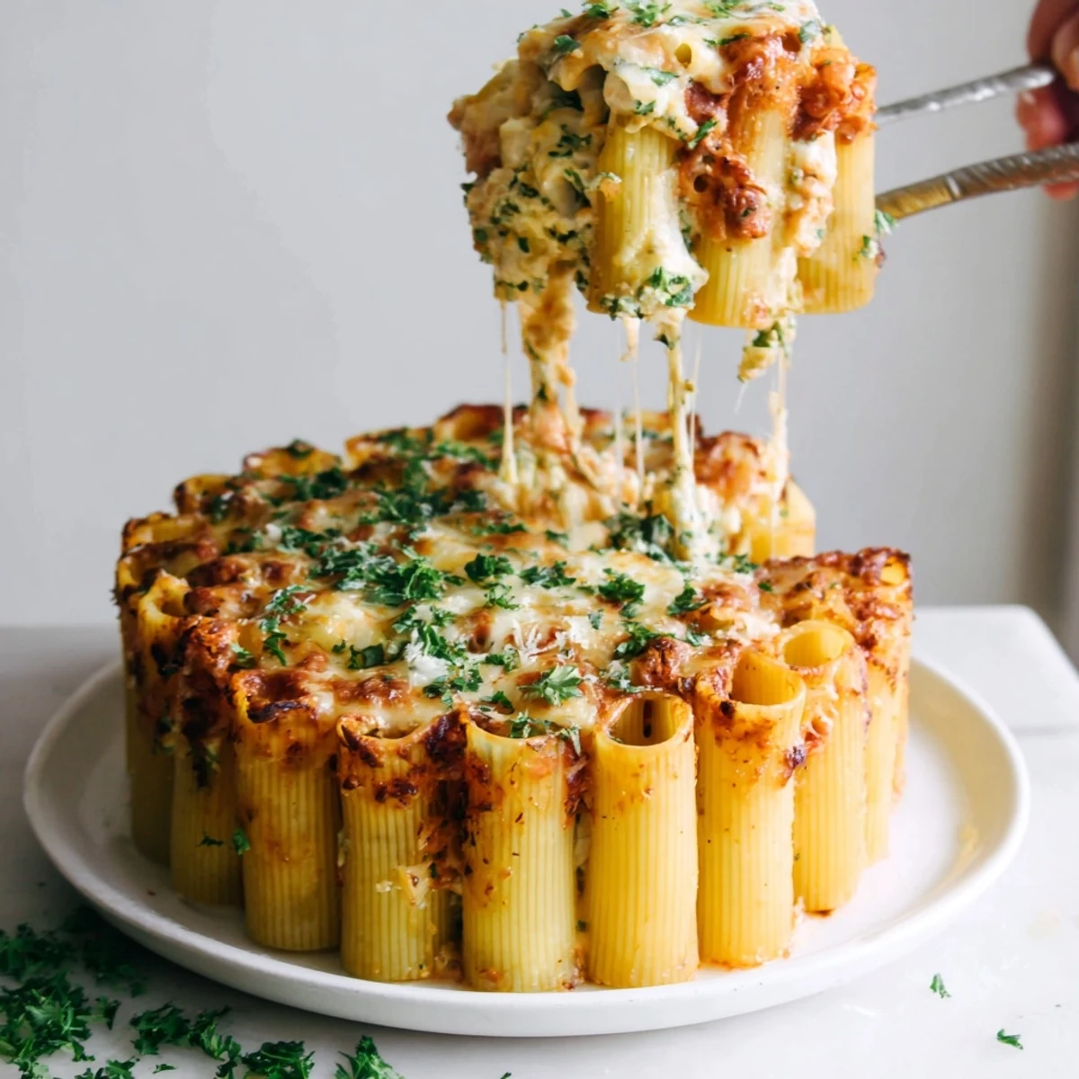 Vibrantly layered Honeycomb Pasta Cake topped with golden melted cheese and fresh parsley.  