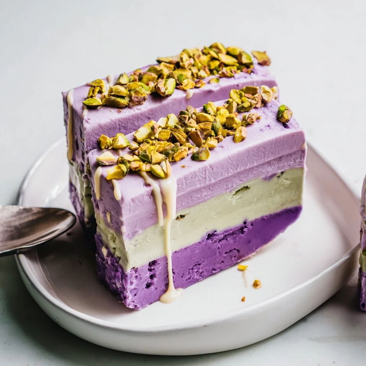 Delicious ube and pistachio ice cream bars showcasing vibrant colors and creamy texture.  