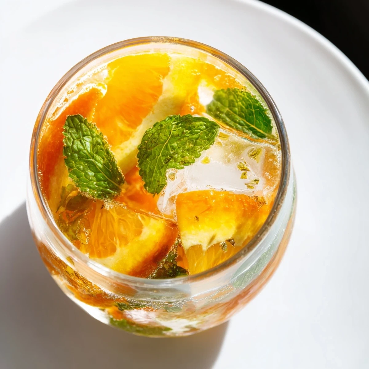 Lightly sparkling probiotic soda mocktail, garnished with orange slices and fresh mint.  