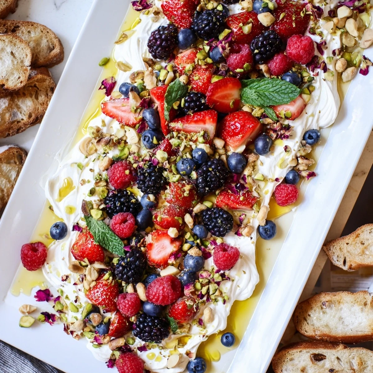 A colorful Butter Board Dessert Version topped with mixed berries and nuts.  