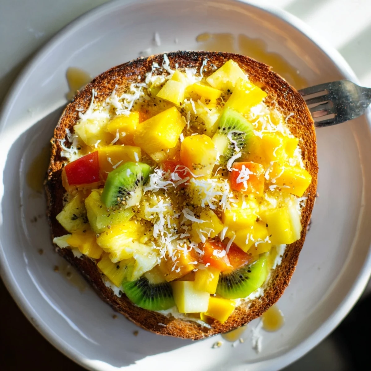 Creamy Yogurt-Custard Toast 2.0 topped with fresh tropical fruits and coconut.  