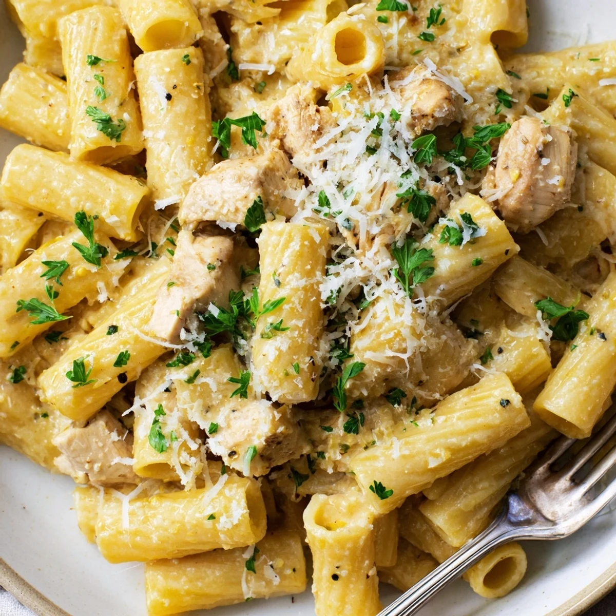 Creamy Garlic Parmesan Chicken Rigatoni topped with parsley and extra cheese, inviting comfort food.  