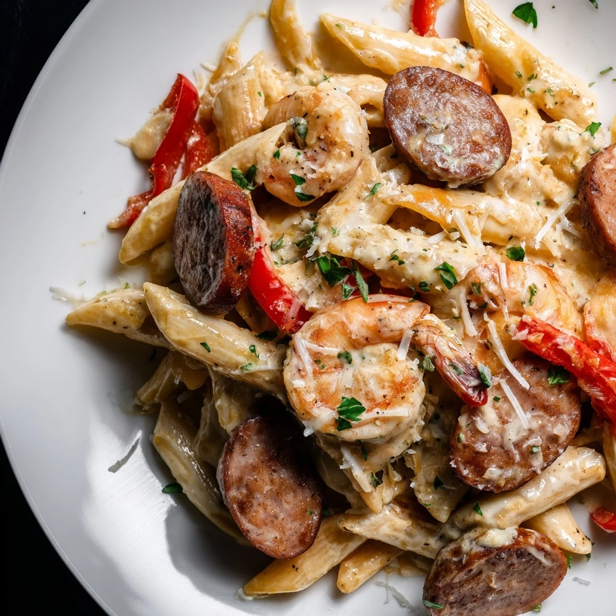 One-pan Cajun Sausage & Shrimp Alfredo Pasta Skillet, perfect for weeknight dinners. 