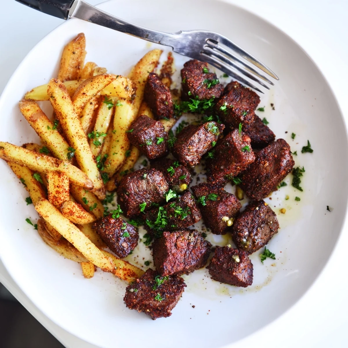 Deliciously seasoned Blackened Cajun steak bites, artfully plated alongside crunchy fries.
