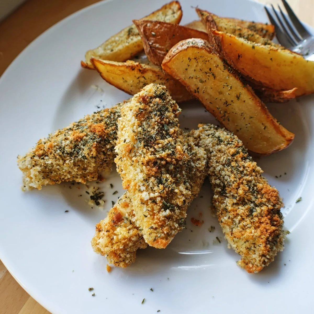 Crispy herbed chicken tenders served alongside golden-brown potato wedges for a delightful meal.  