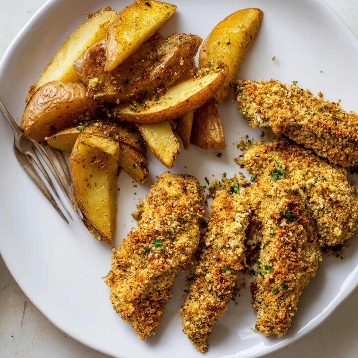 Flavorful herbed chicken tenders with crispy wedges, garnished with fresh parsley and lemon.