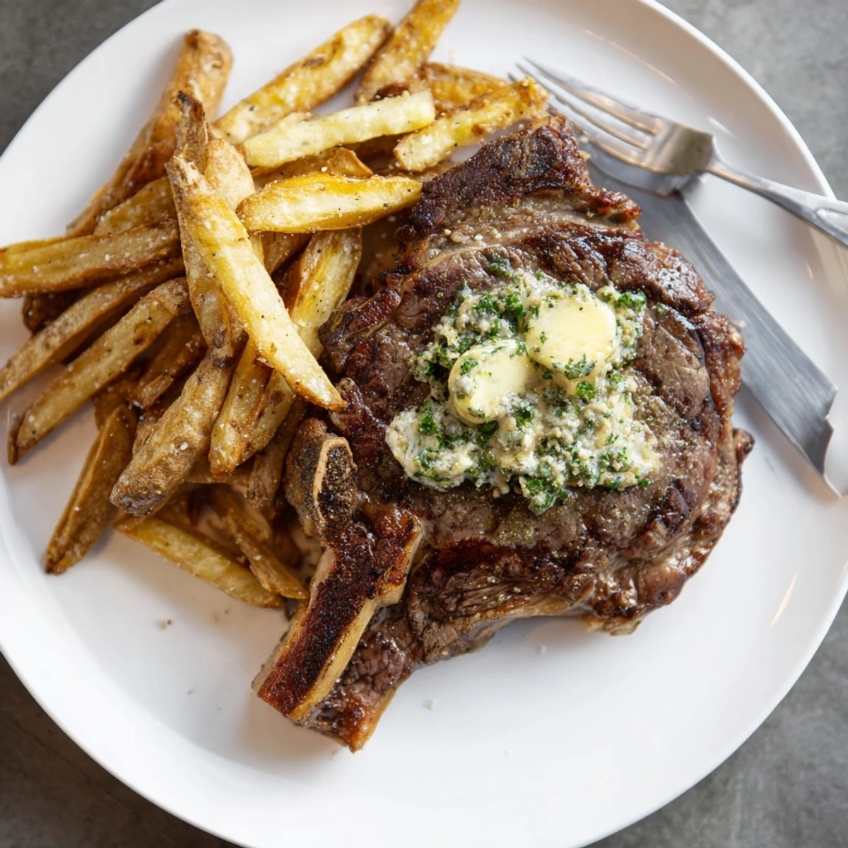 Flavorful Garlic Butter Steak garnished with herbs, paired with deliciously crispy fries.