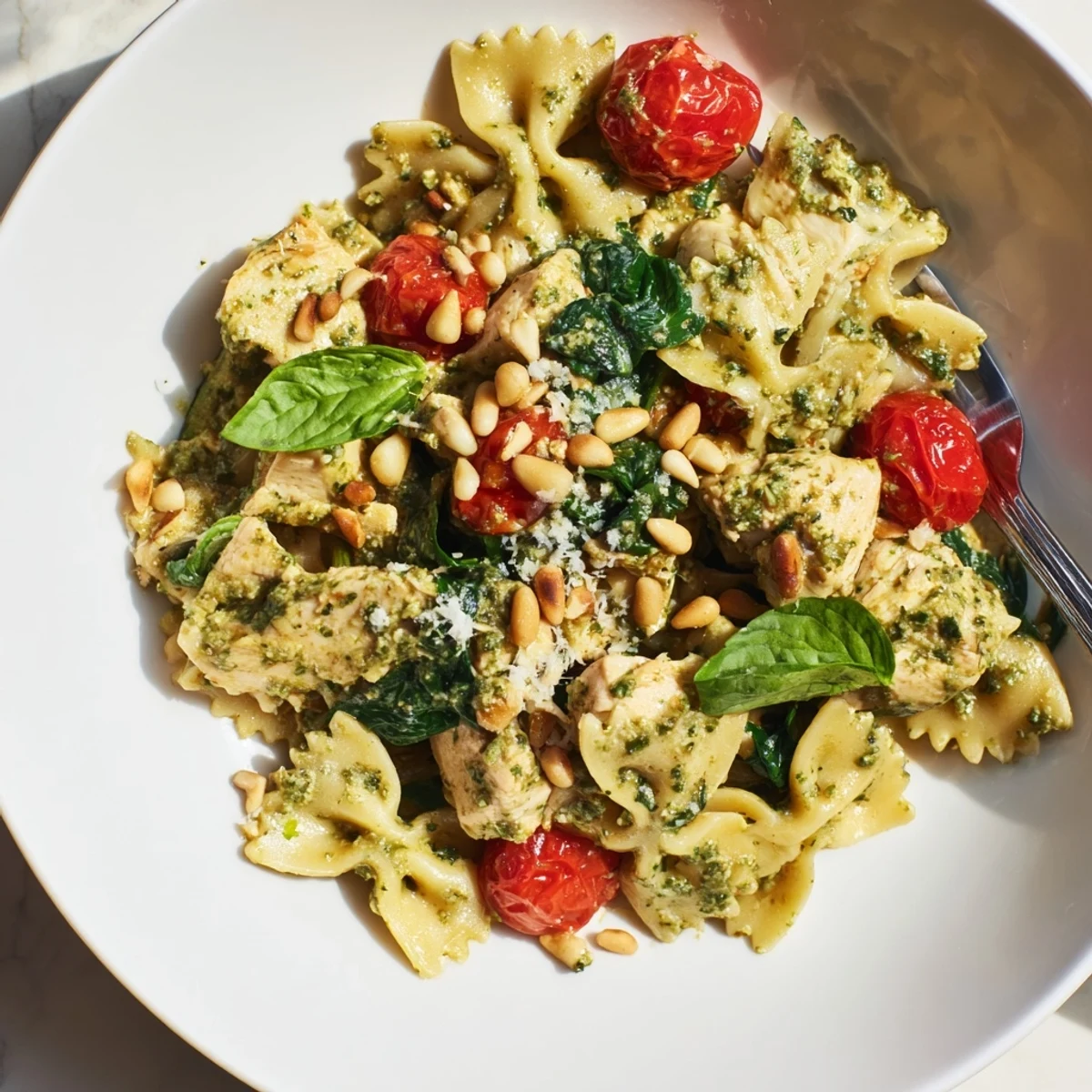 Pesto Chicken Bowtie Pasta garnished with fresh basil and toasted pine nuts.