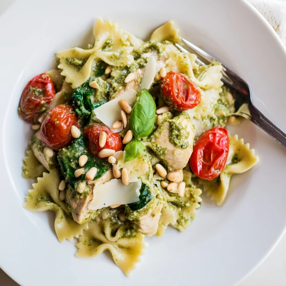 Creamy basil pesto coats tender chicken and bowtie pasta for a delightful meal.