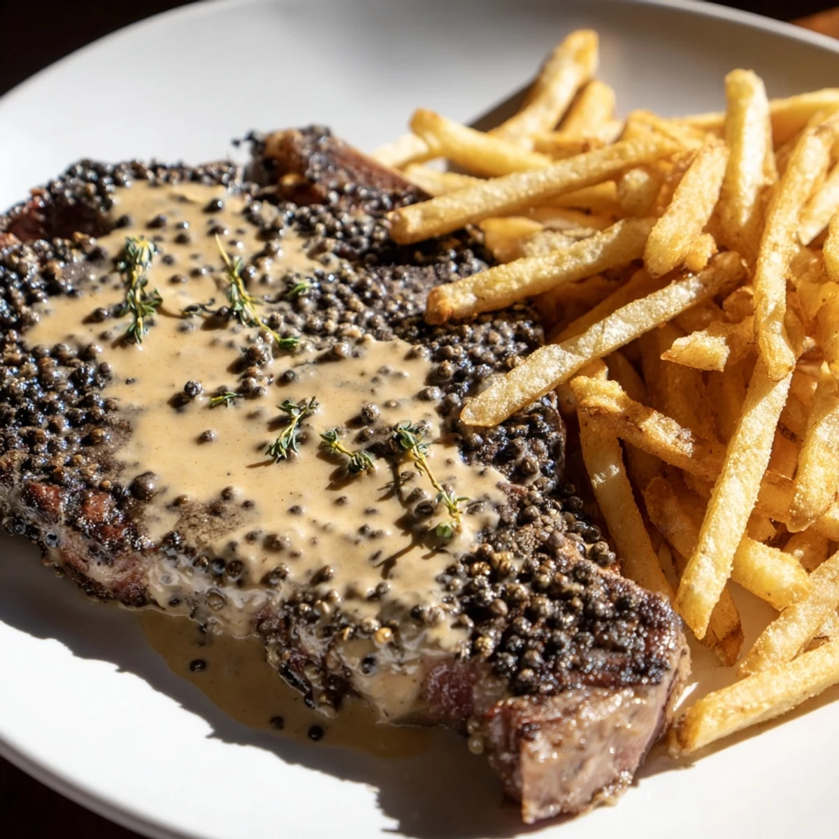 Sizzling peppercorn ribeye steak, golden fries, and rich sauce on a rustic plate.
