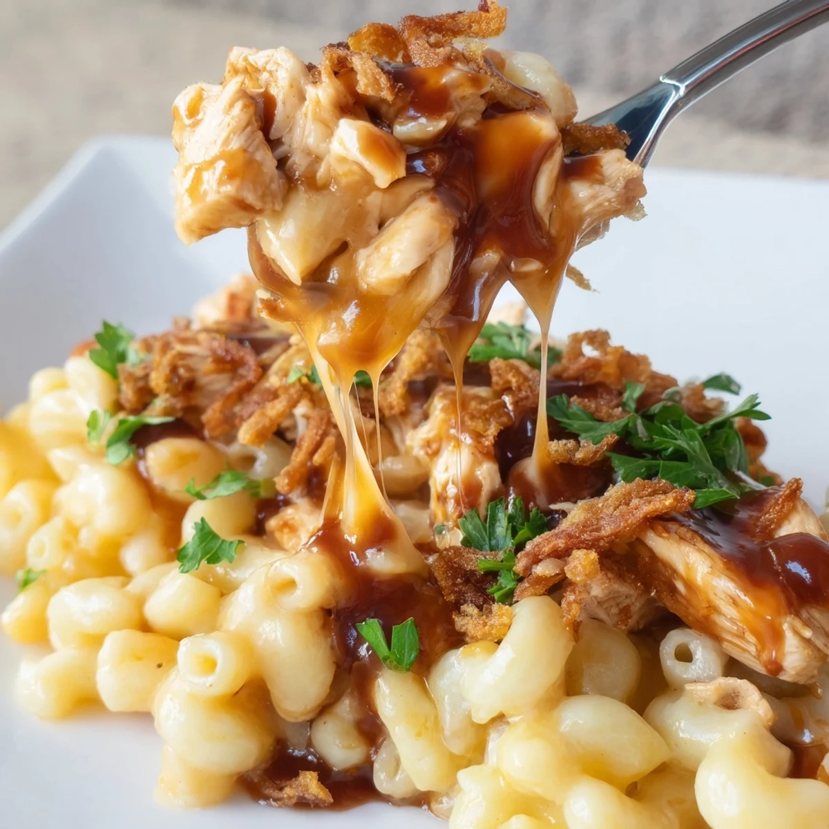 Comforting One-Pot Honey BBQ Chicken Mac and Cheese garnished with crispy onions and fresh parsley.  