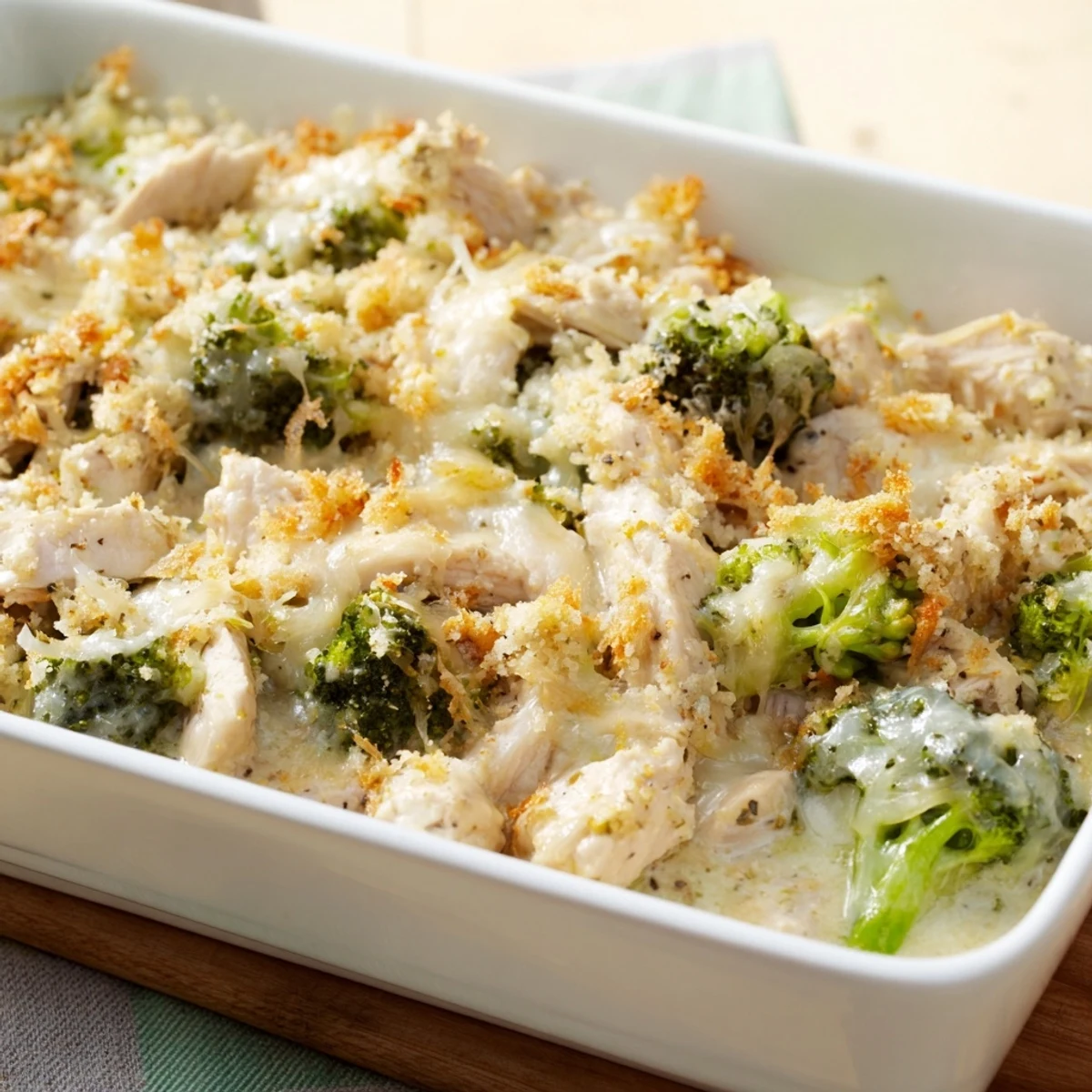 Golden cheddar topping on a bubbly Chicken & Broccoli Cheddar Bake ready to serve.