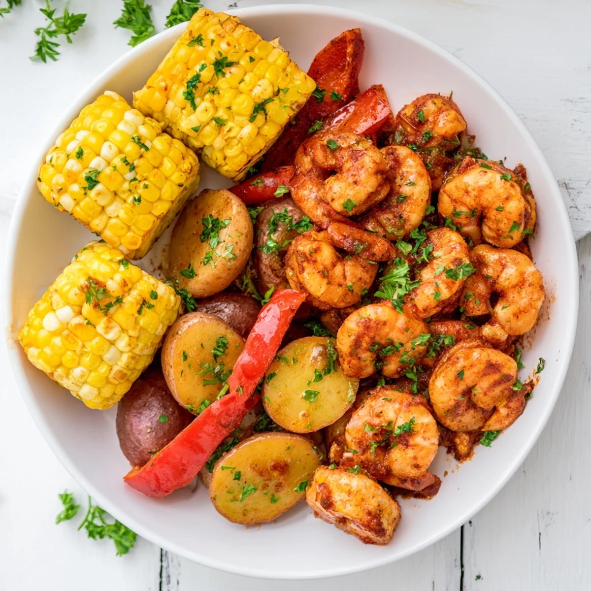 Golden-brown Cajun shrimp and sweet corn platter, a delicious summer feast with roasted potatoes.