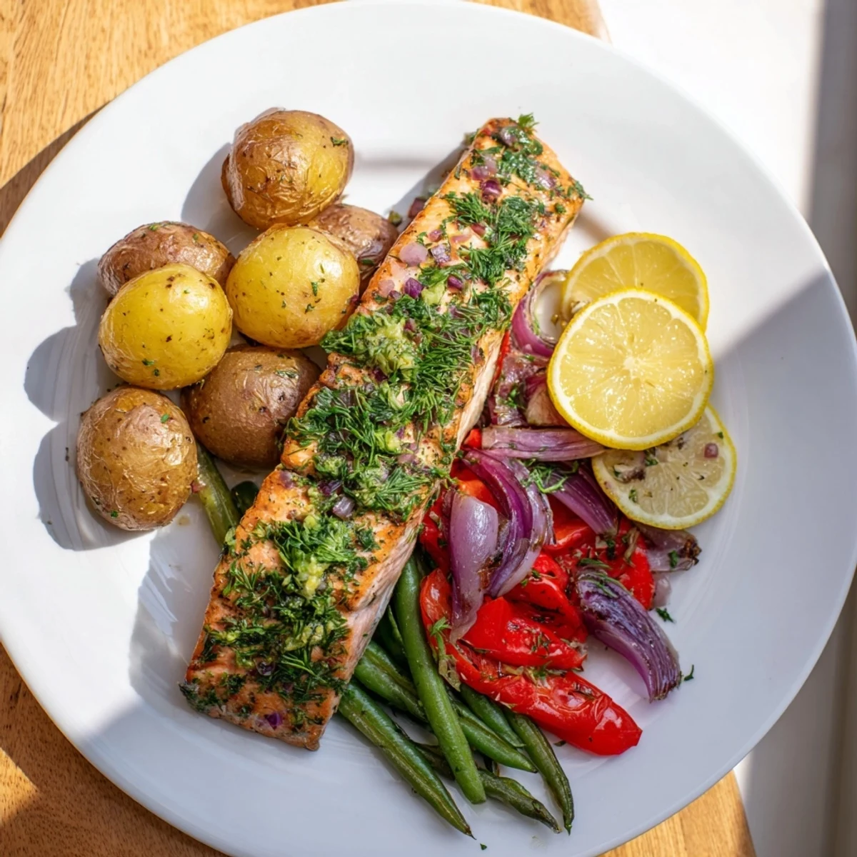 Vibrant image shows flaky Lemon Herb Salmon & Potato, showcasing perfectly roasted vegetables and succulent fish.