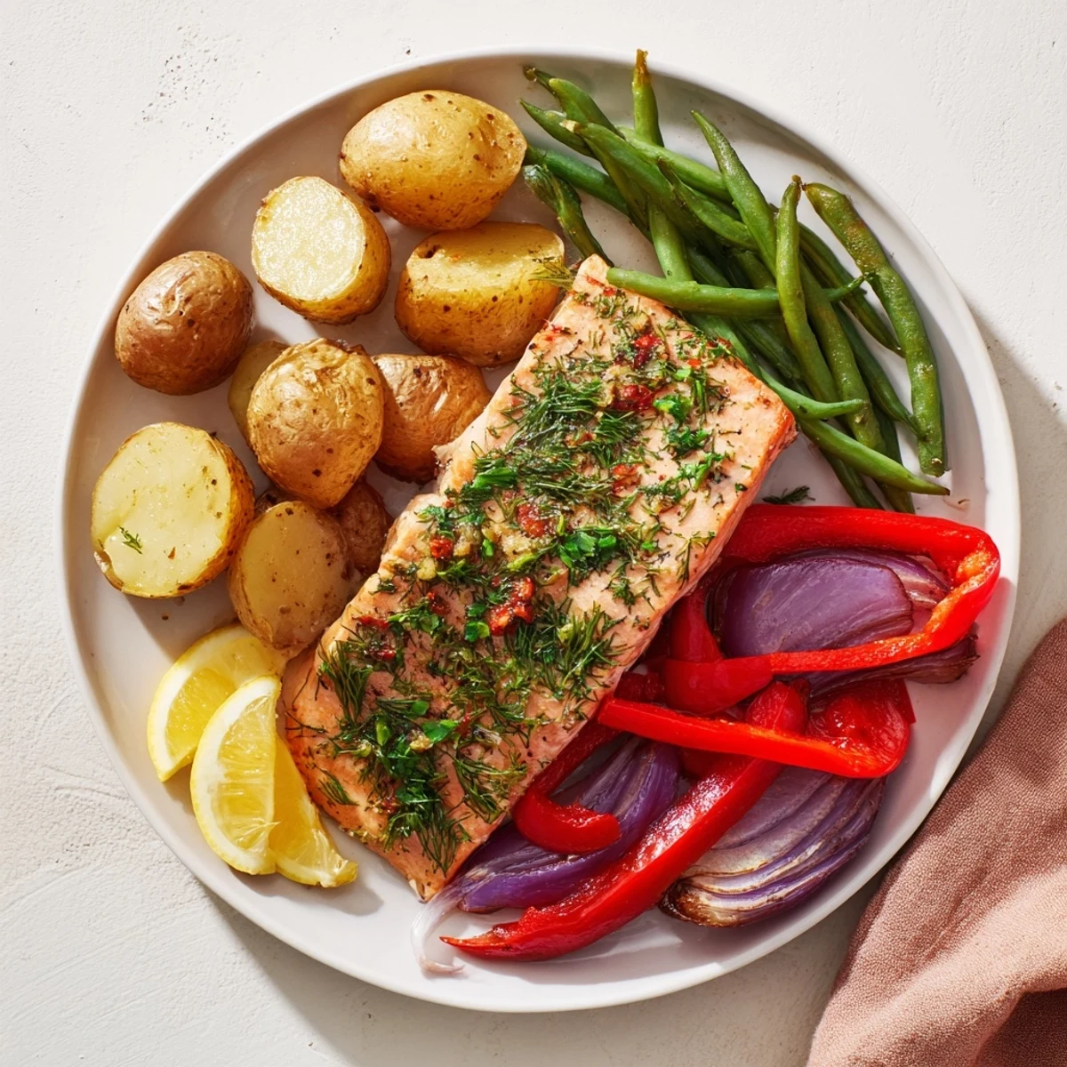 Golden-brown Lemon Herb Salmon & Potato sheet pan, ready to serve with lemon wedges and fresh herbs.