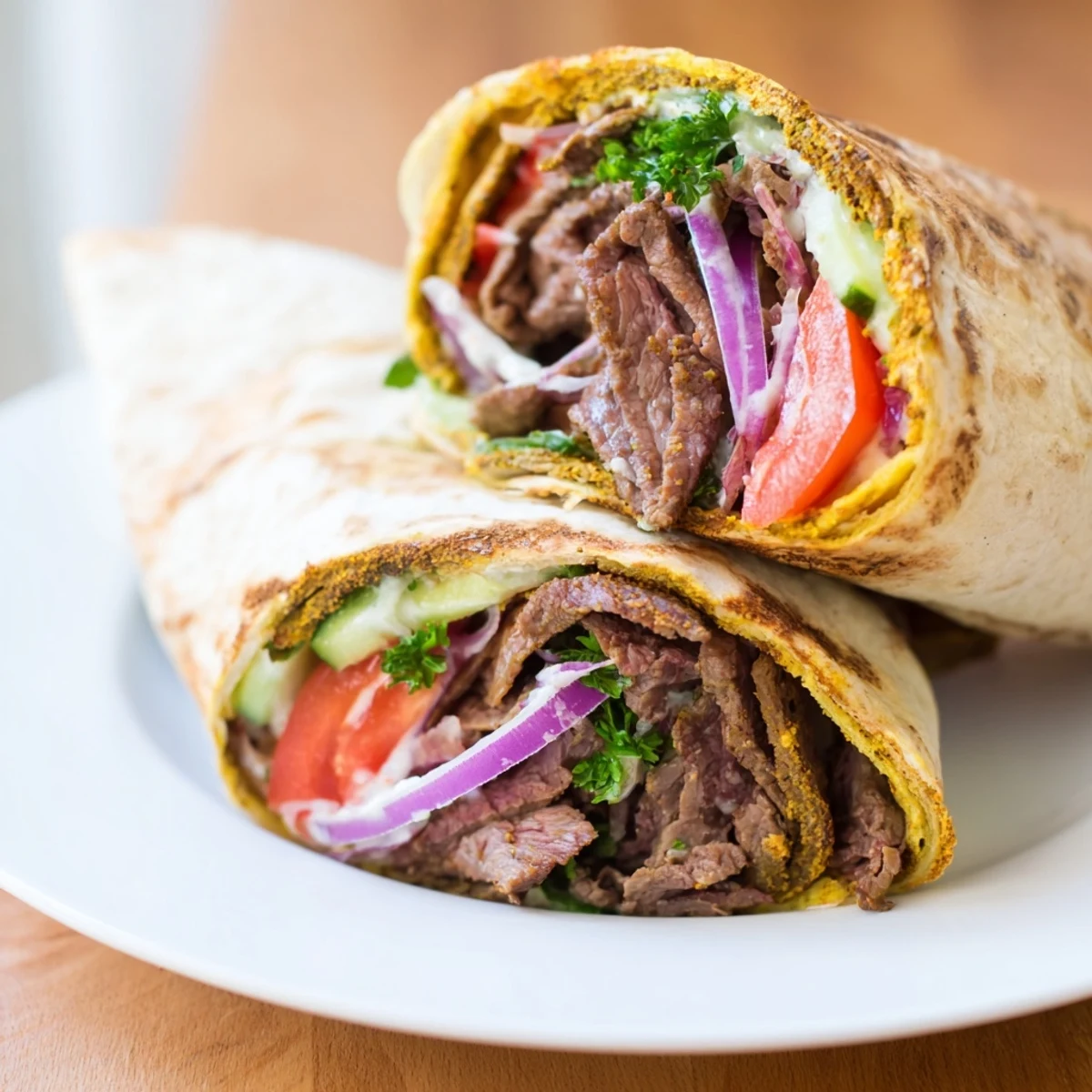 Close-up of fully assembled Beef Shawarma wraps, with creamy sauce drizzling over fresh vegetables.