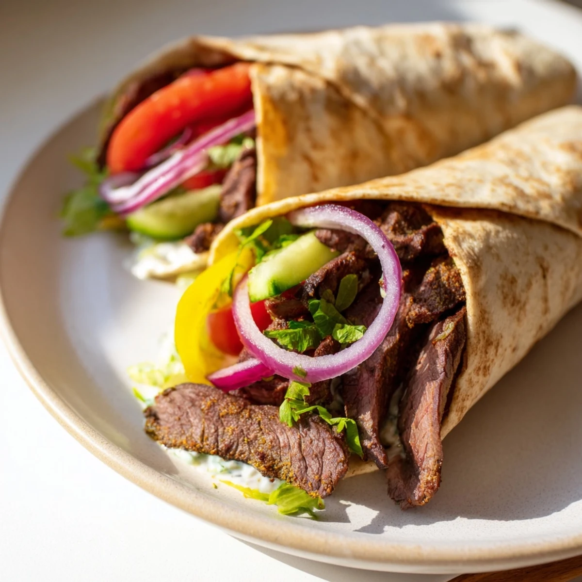 Mouthwatering image of a delicious Beef Shawarma, showcasing tender spiced beef and vibrant toppings.