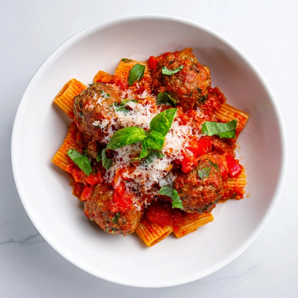 Italian Meatball Pasta Skillet: a bubbling skillet of pasta, cheesy meatballs, and savory tomato sauce.