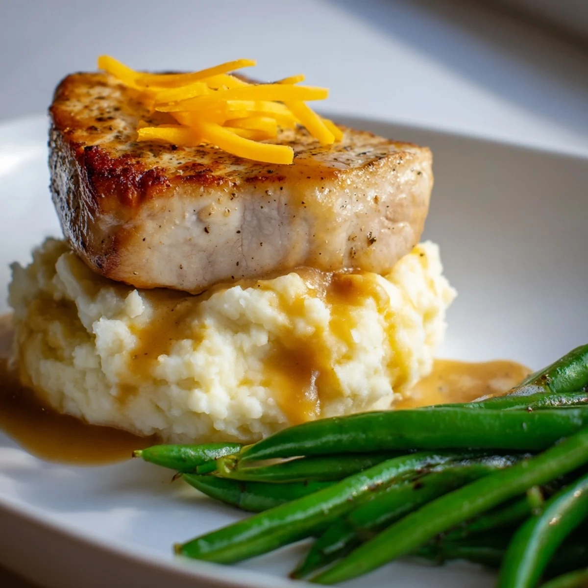 Golden-brown Pork Chops & Cheddar Mash Bowl with creamy mashed potatoes and rich pan gravy.