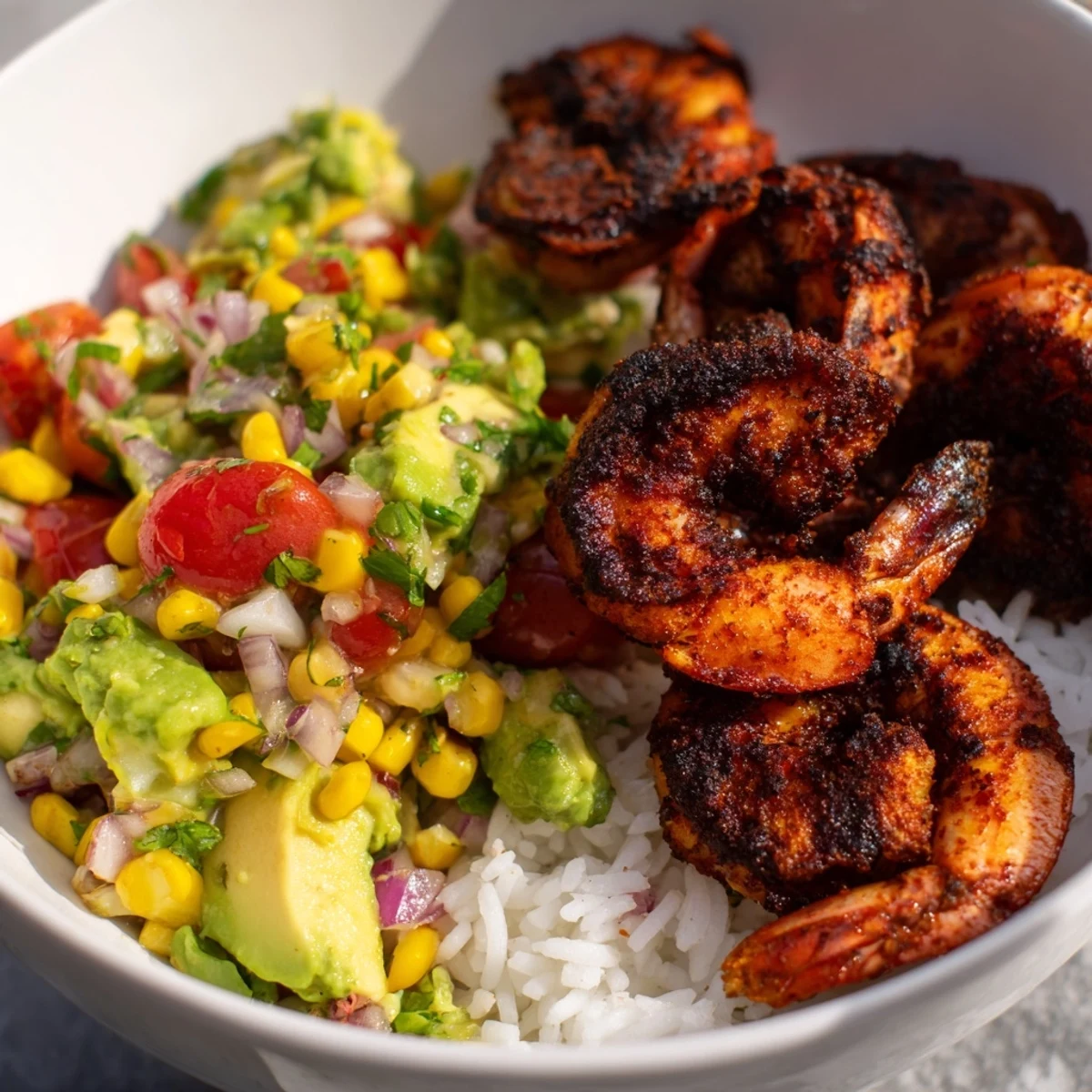 Blackened shrimp bowl with avocado corn salsa: a colorful bowl with perfectly cooked shrimp and fresh salsa.