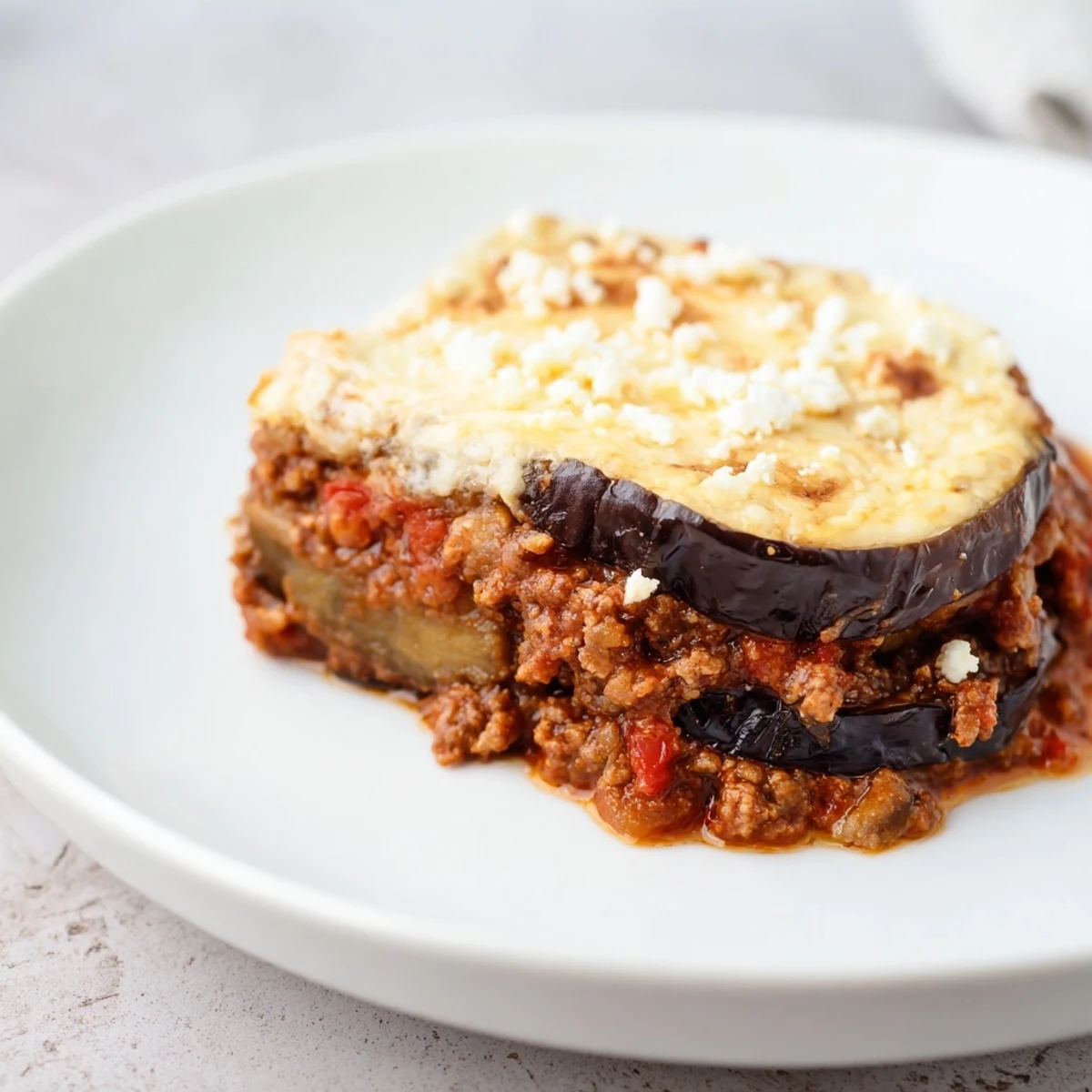 Golden-brown moussaka with layers of eggplant, rich beef, and creamy béchamel, a comforting Greek casserole.
