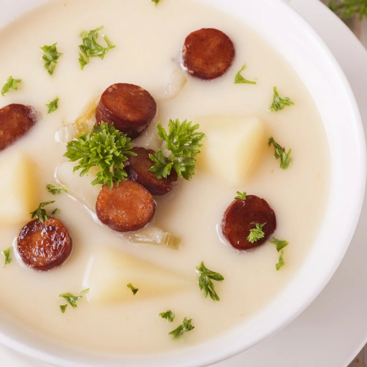 Potato, Leek & Chorizo Soup bowl drizzled with cream, garnished with parsley alongside crusty bread.