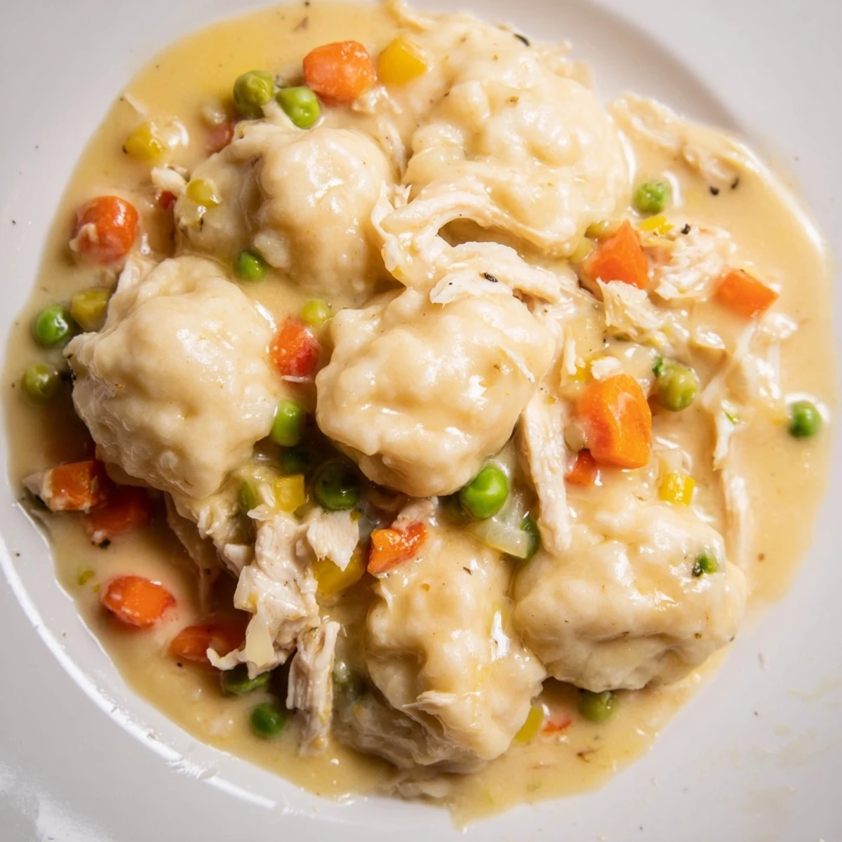 Golden-brown Chicken and Dumplings Casserole bubbling with creamy sauce, a warm comfort food dish.