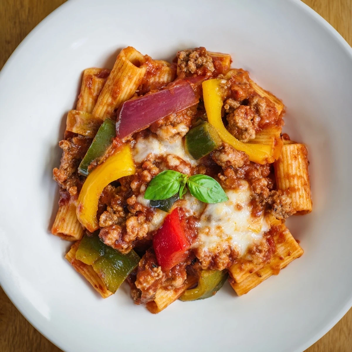 Baked Rigatoni with Sausage & Peppers, hot from the oven, bubbling with melted mozzarella and Parmesan.