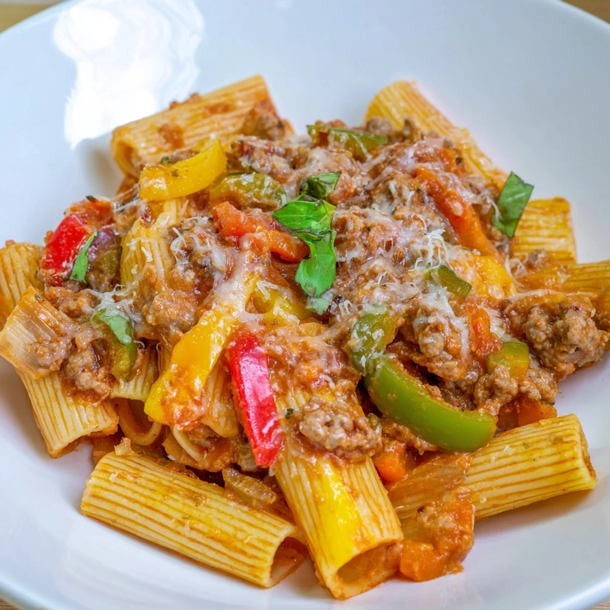 This baked rigatoni with sausage and peppers offers a comforting aroma of Italian herbs in a casserole.
