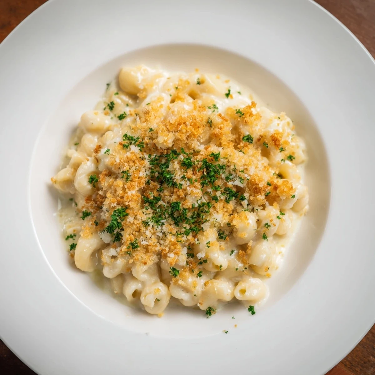 A close-up of creamy truffle macaroni and cheese, boasting a crispy golden breadcrumb topping.
