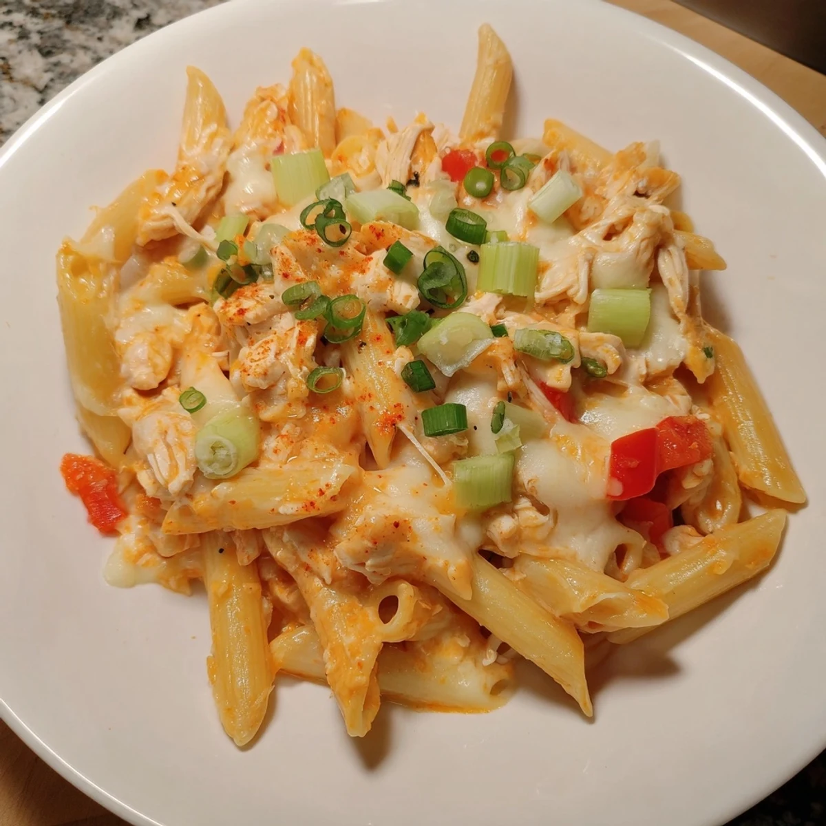 Enjoy a satisfying scoop of Buffalo Chicken Pasta Skillet, bursting with spicy flavor, perfect for dinner.