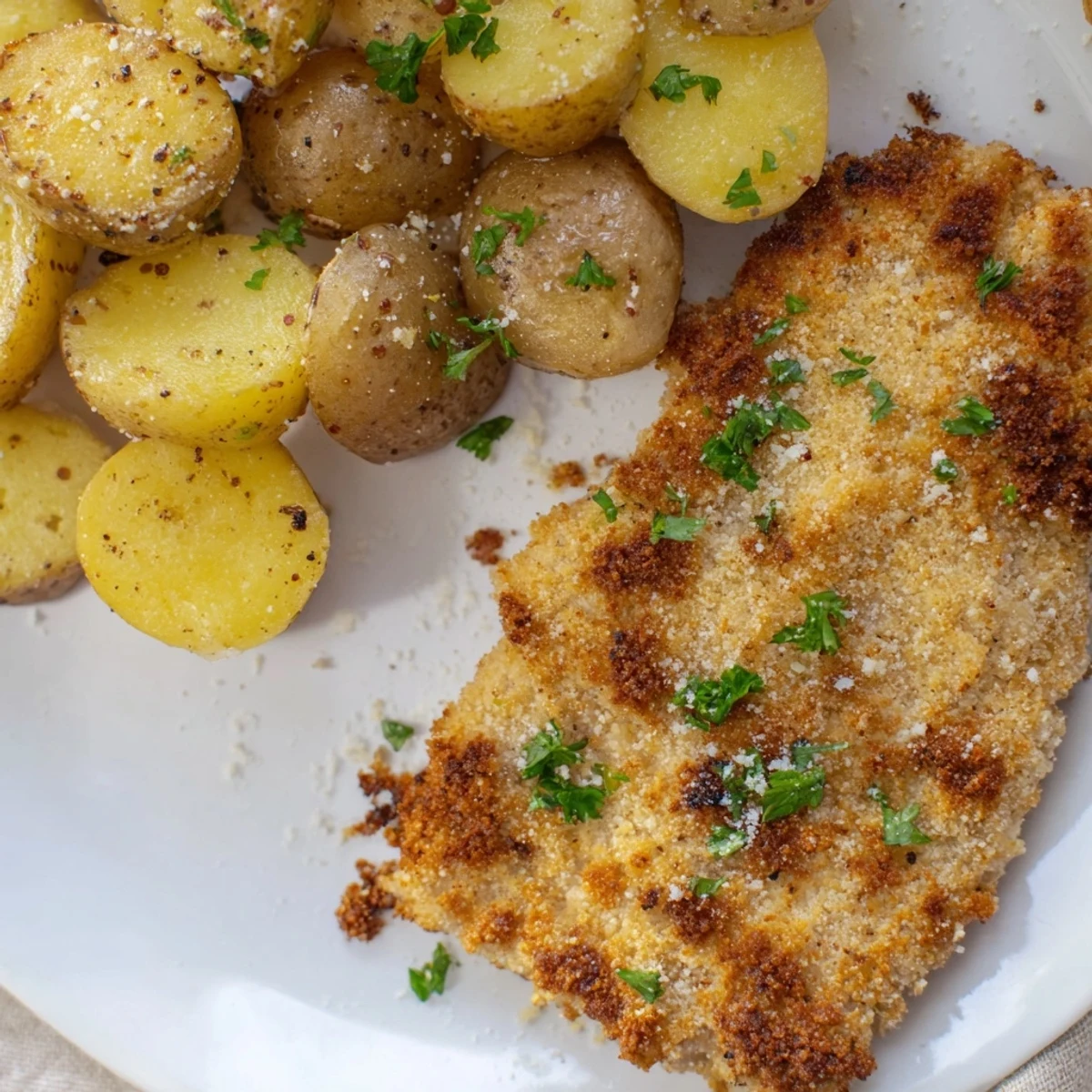 Golden, crispy Parmesan crusted chicken & potatoes, ready to serve with fresh parsley and lemon wedges.