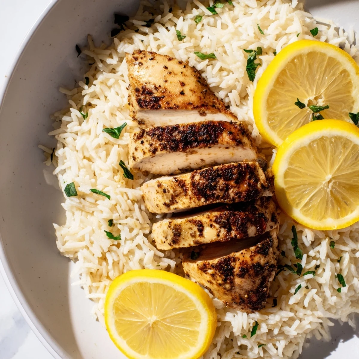 This delicious Lemon Pepper Chicken recipe showcases golden-brown chicken with aromatic, fluffy rice ready to be served.