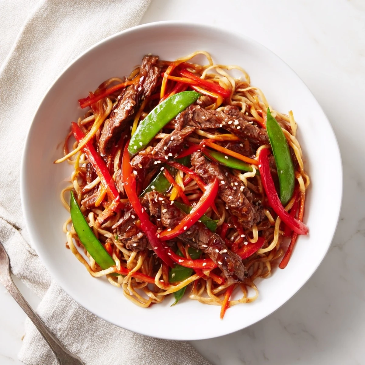 Steaming bowl of flavorful teriyaki beef & noodle bowl, garnished with green onions and sesame seeds.